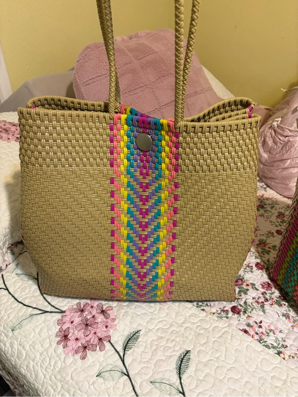 Woven Straw Tote with Multicolor Chevron Accent - Pink/Blue/Green
